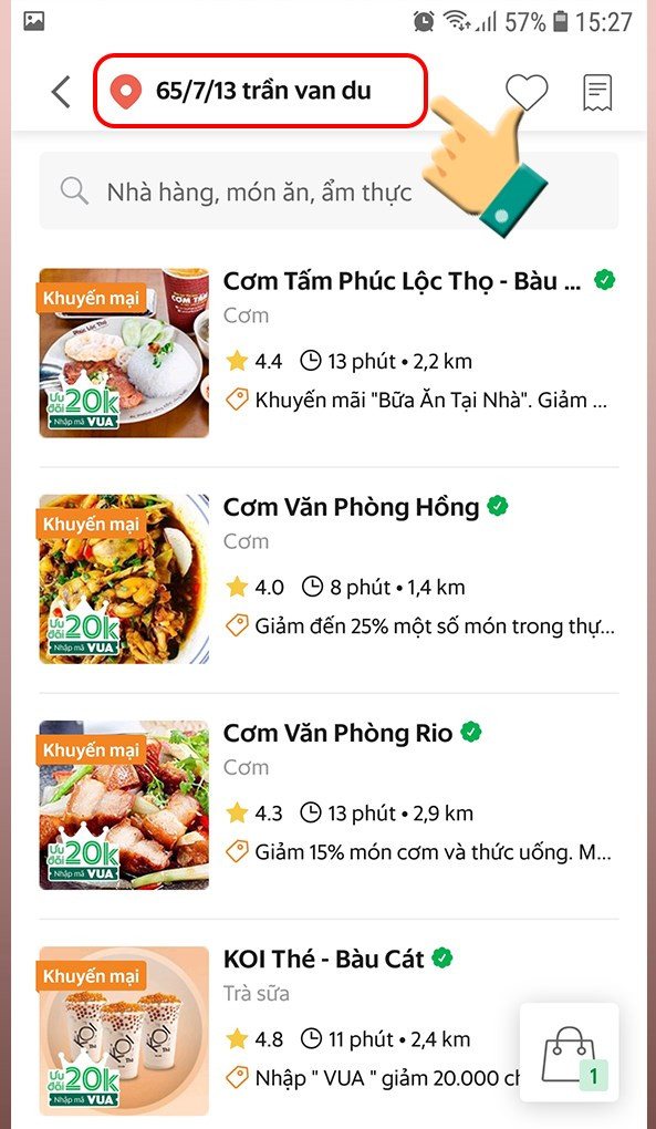 Nhập địa chỉ giao hàng trên Grab