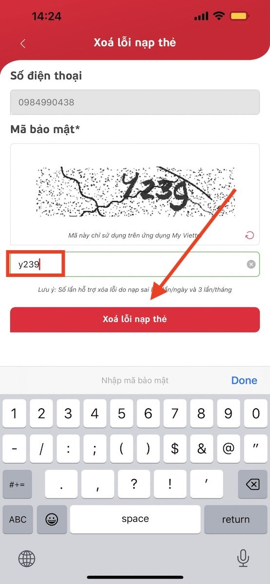 Nhập mã bảo vệ trên My Viettel