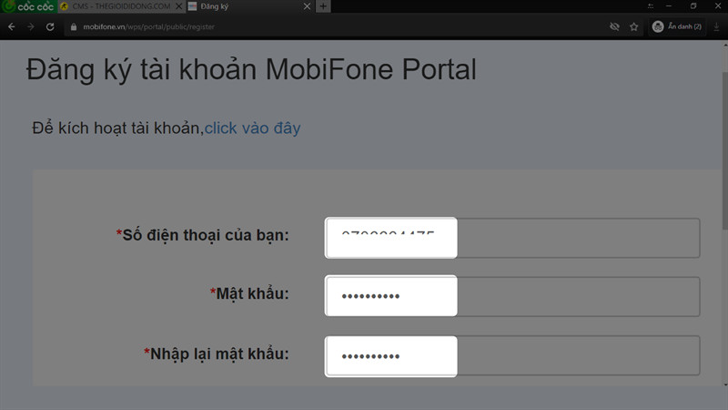 Nhập số điện thoại, mật khẩu t&agrave;i khoản MobiFone Portal v&agrave;o &ocirc; tương ứng