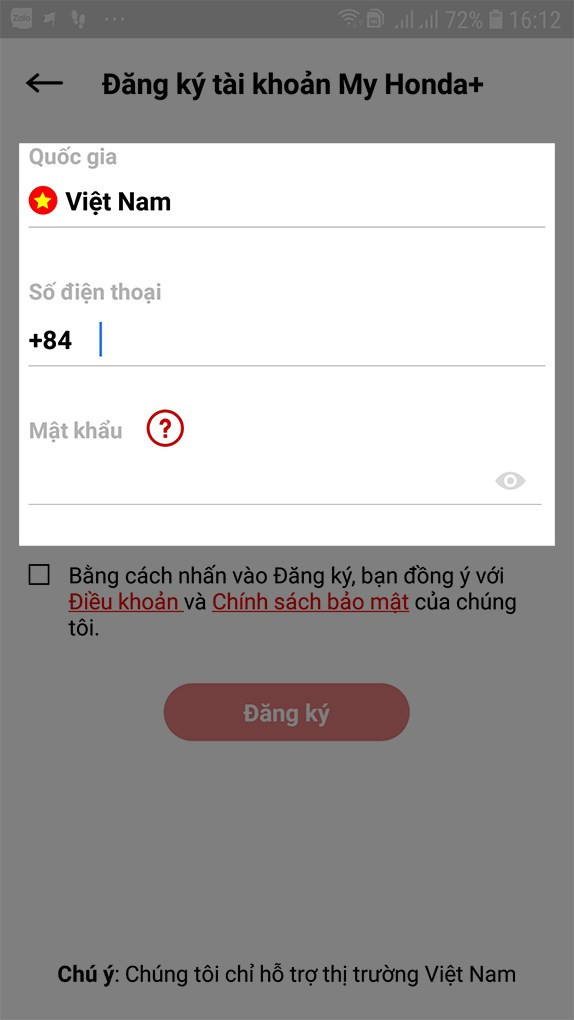 Nhập số điện thoại trên My Honda+