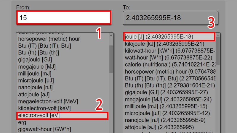 Nhập số lượng, chọn đơn vị eV sau đ&oacute; chọn đơn vị muốn chuyển