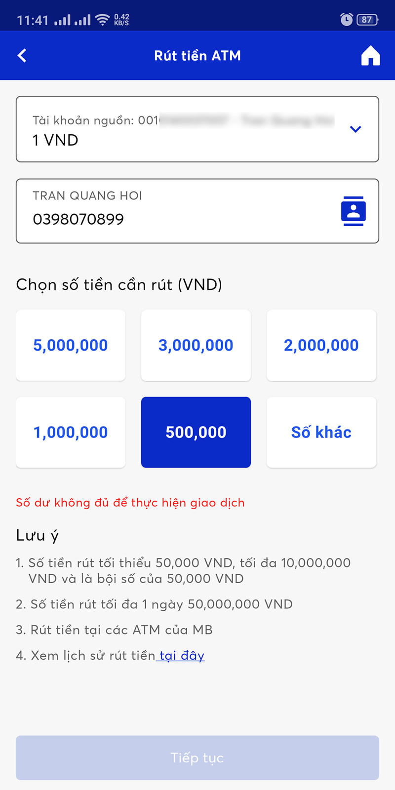 Nhập số tiền rút MB Bank