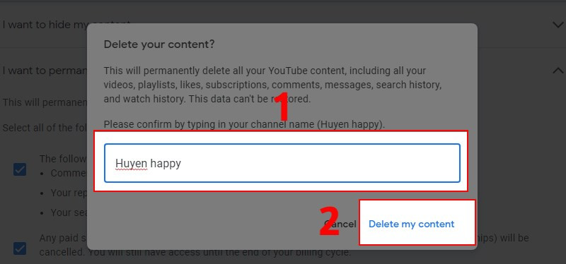 Nhập tên kênh YouTube và nhấn Delete my content 