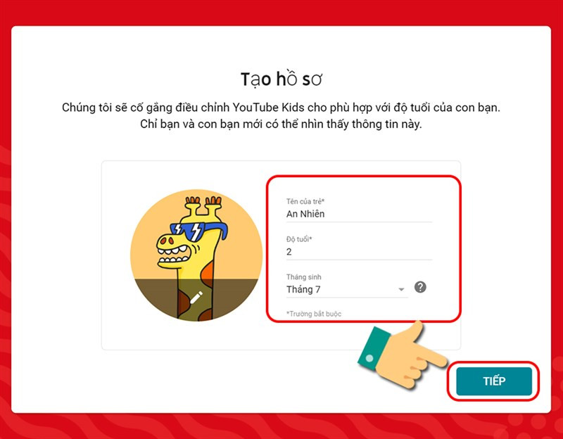 Nhập thông tin của bé trên YouTube Kids