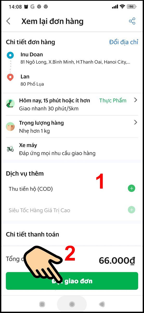 Nhập tiền thu hộ và đặt đơn