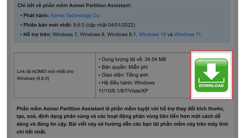 Nút tải về Aomei Partition Assistant