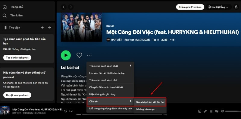 Sao chép link nhạc Spotify