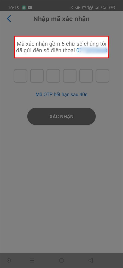 Số điện thoại hiện ở bước xác nhận OTP