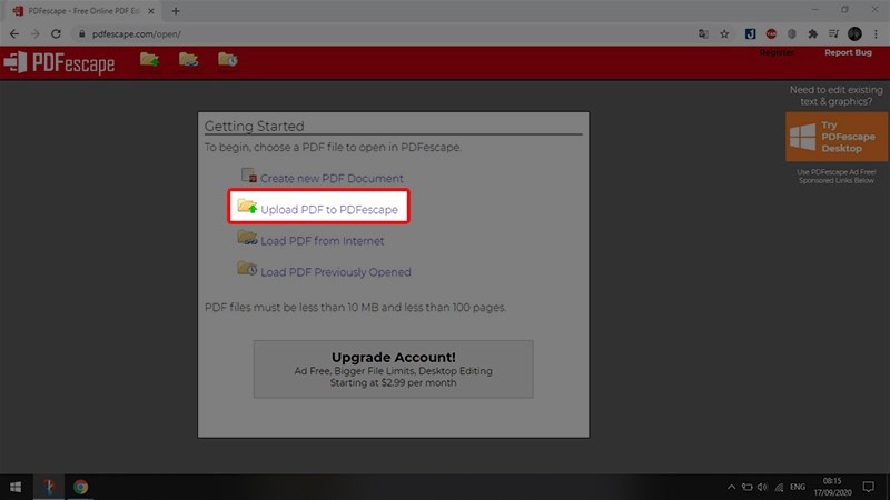 Tải file PDF lên PDFescape
