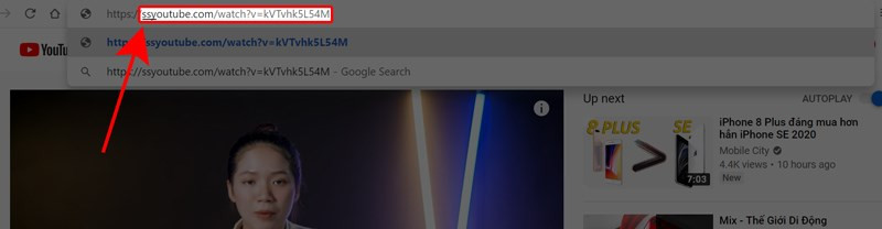 Thay "www." bằng "ss" trên URL video YouTube