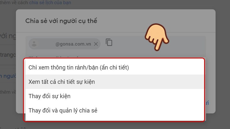 Thêm địa chỉ email của người bạn muốn chia sẻ. Hãy dùng trình đơn thả xuống để điều chỉnh các tùy chọn cài đặt quyền của họ