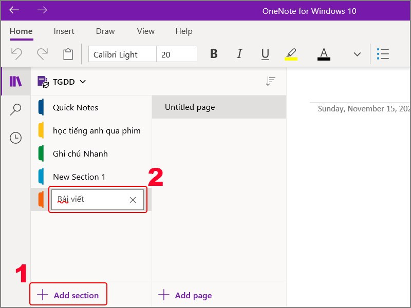 Thêm phần và trang trong OneNote