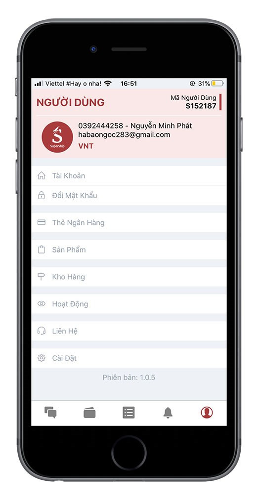 Thông tin người dùng trên ứng dụng SuperShip-Giao hàng siêu đẳng