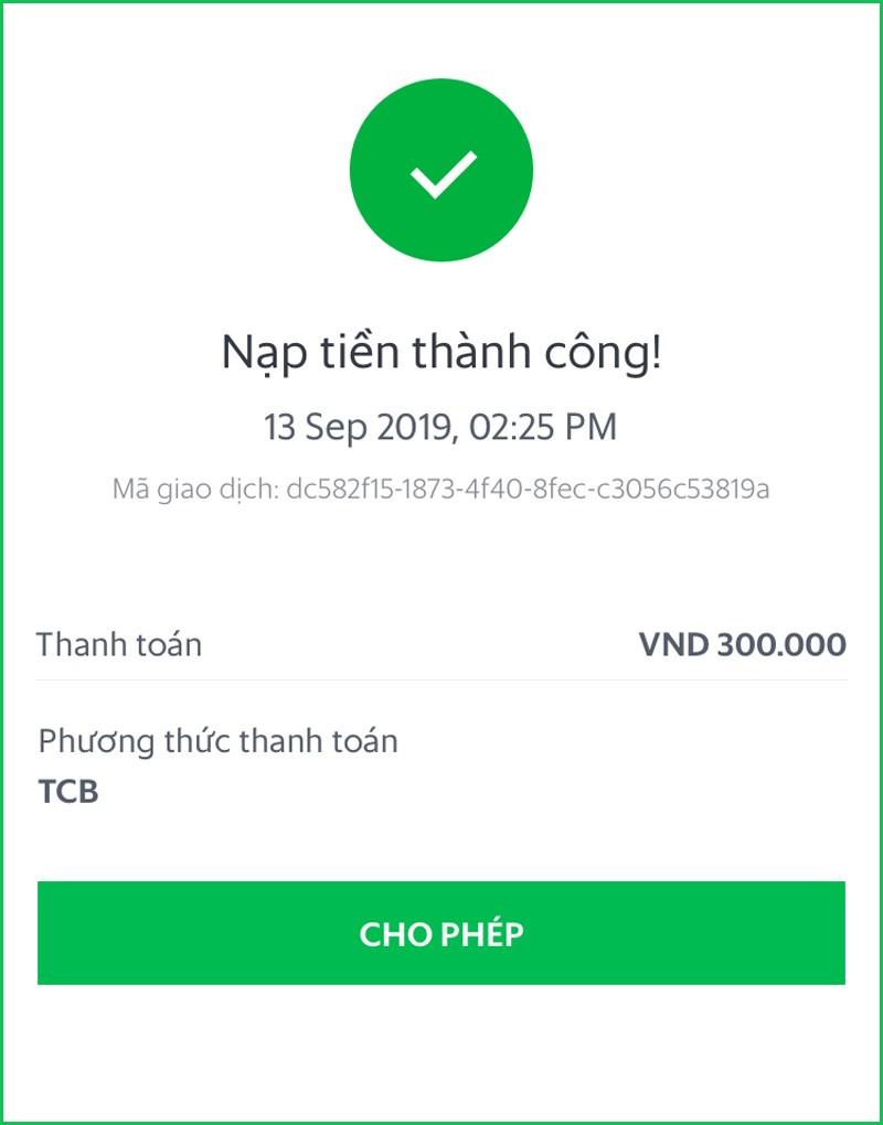 Thông báo nạp tiền thành công