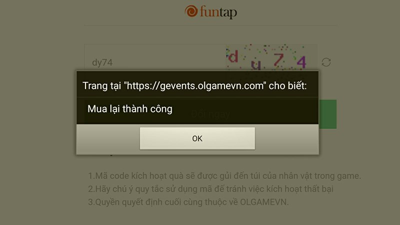 Thông báo nhập code thành công