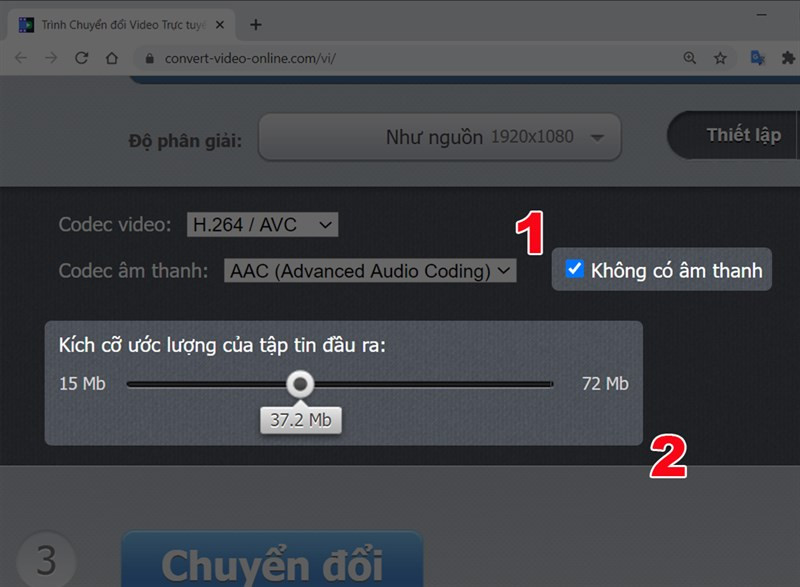 Tích chọn Không có âm thanh và điều chỉnh dụng lượng video sẽ xuất