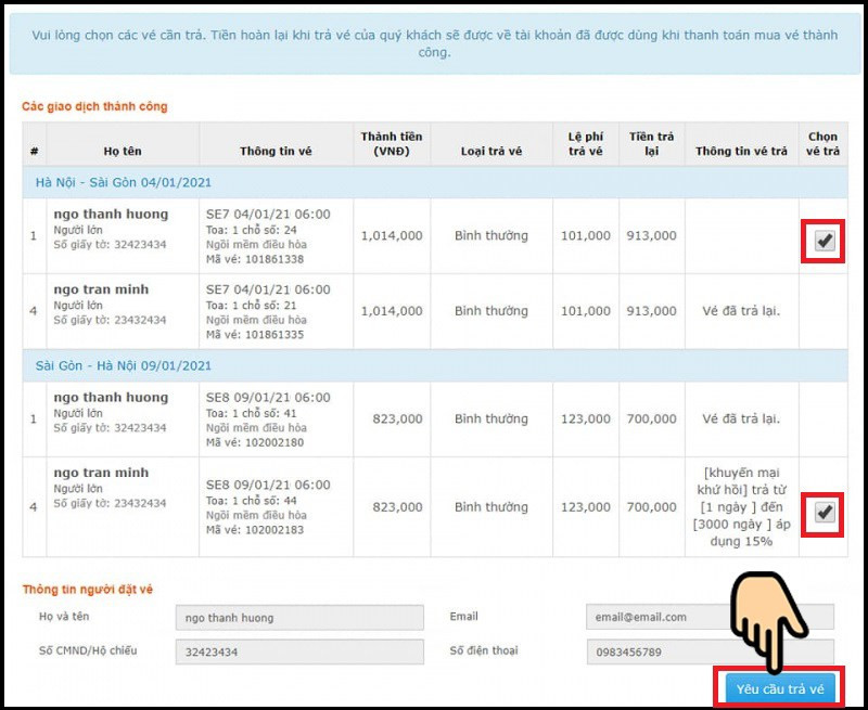 Tích Chọn vé trả > Bấm Yêu cầu trả vé