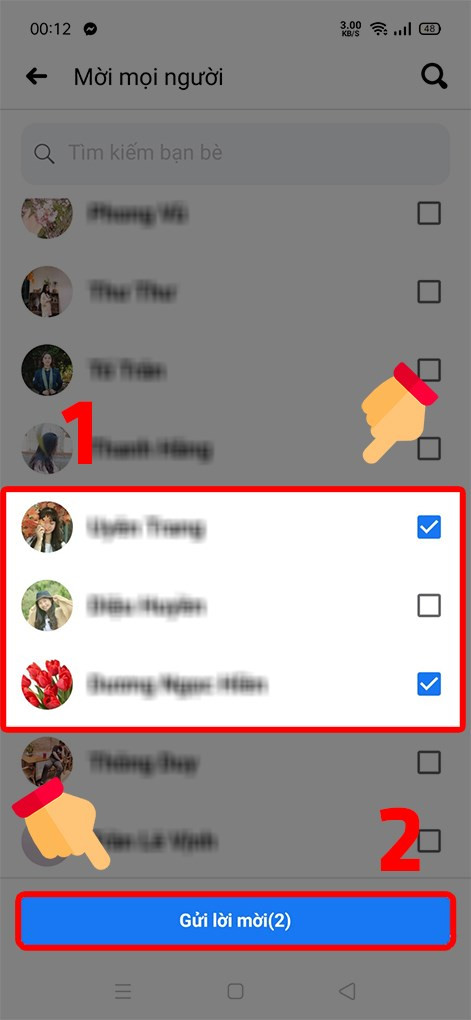 Tick chọn bạn bè và gửi lời mời