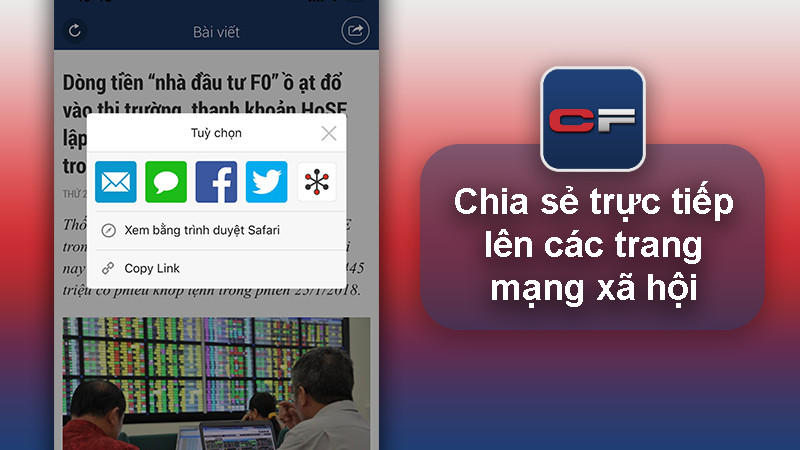 Tính năng chia sẻ tin tức lên mạng xã hội của CafeF
