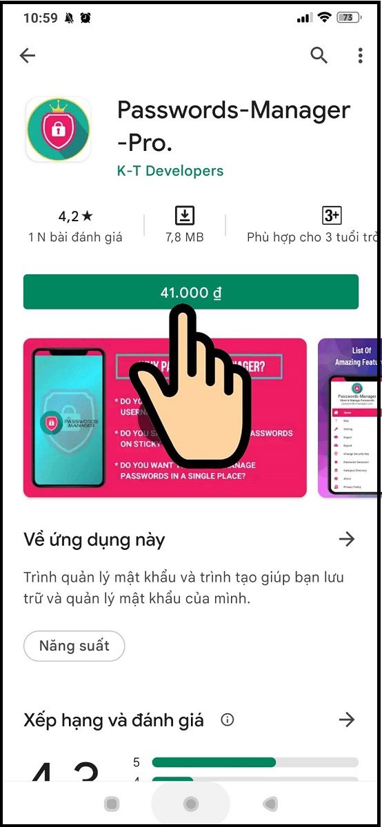 Truy cập Google Play, chọn ứng dụng muốn mua và bấm chọn số tiền để tiếp tục mua