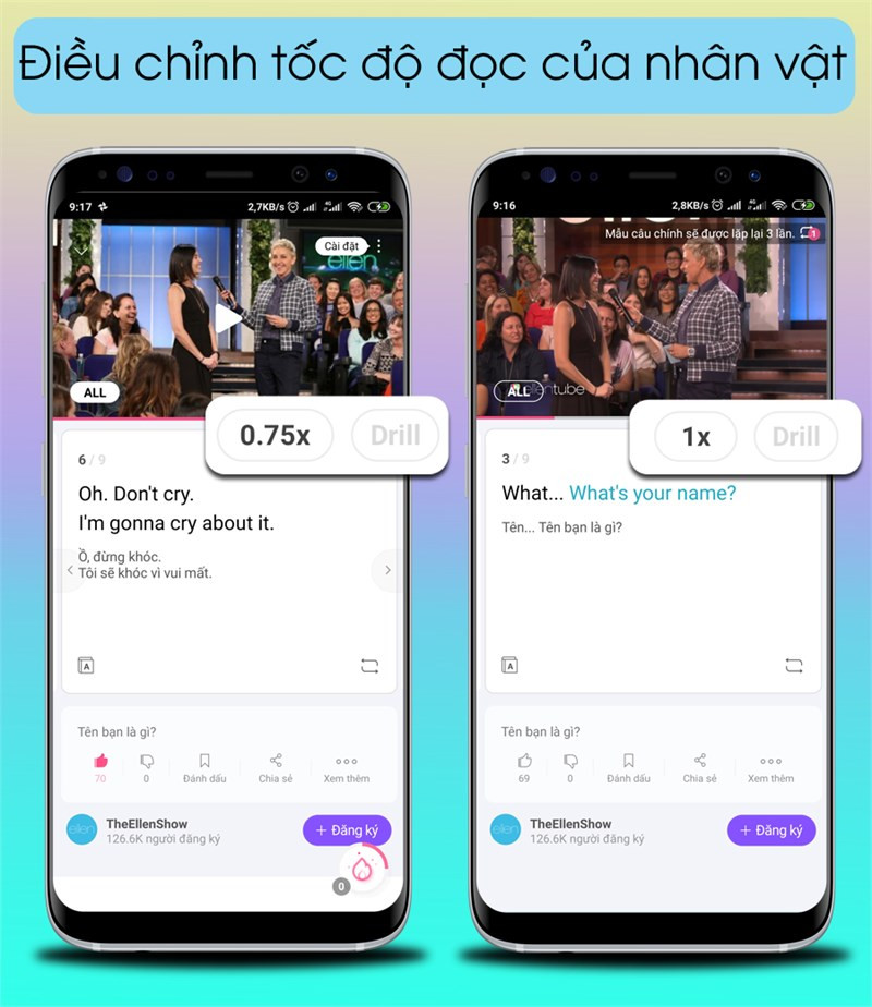 Ứng dụng được thiết kế với 2 tốc độ đọc của nh&acirc;n vật trong video