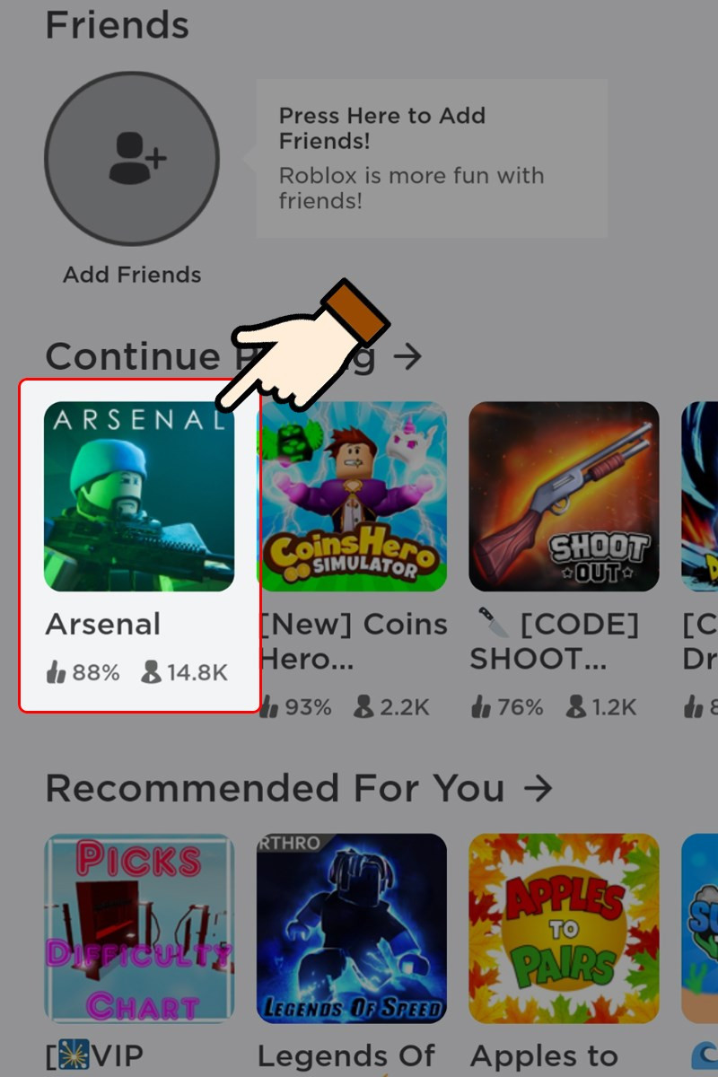 Vào Roblox và chọn Arsenal