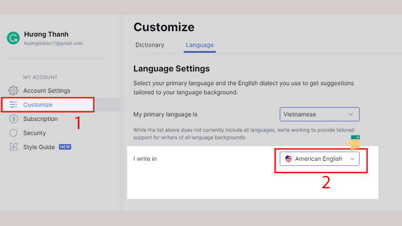 V&agrave;o t&agrave;i khoản Grammarly ở mục Customize trong phần Language t&ugrave;y chọn 1 trong 4 ng&ocirc;n ngữ. 