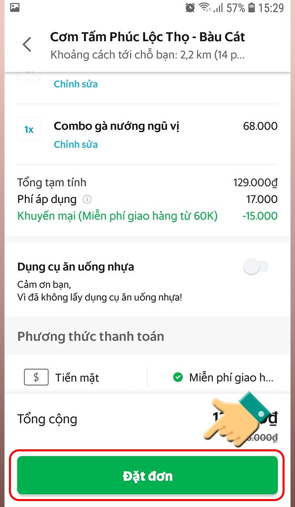 Xác nhận đặt đơn hàng trên Grab