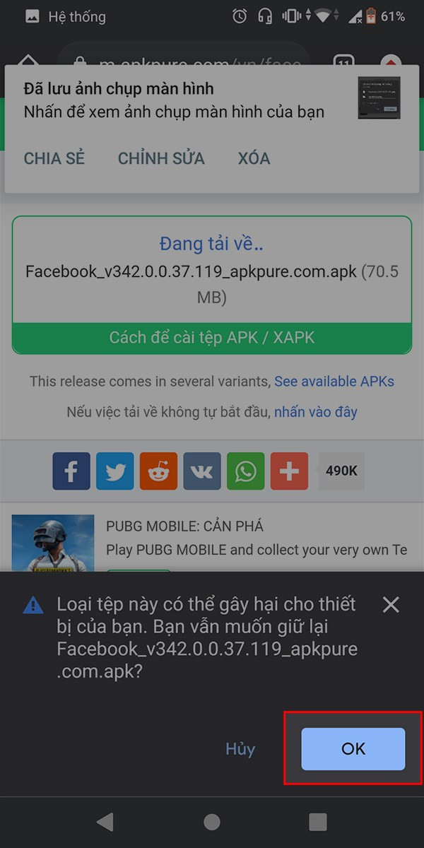 Xác nhận tải xuống Facebook APK