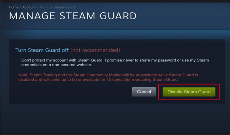 Xác nhận tắt Steam Guard