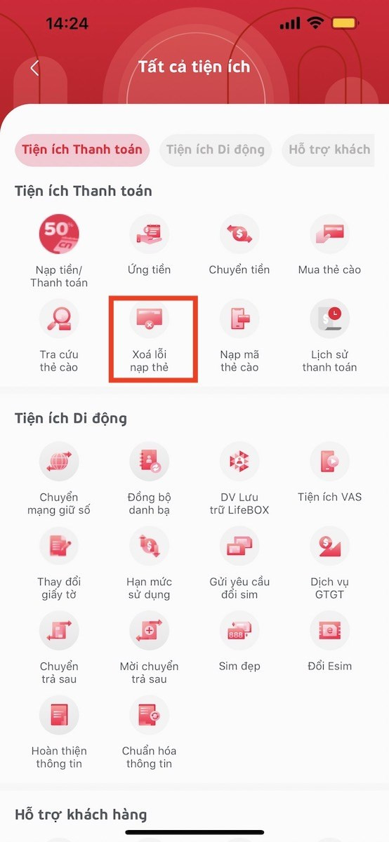 Xóa lỗi nạp thẻ trên My Viettel