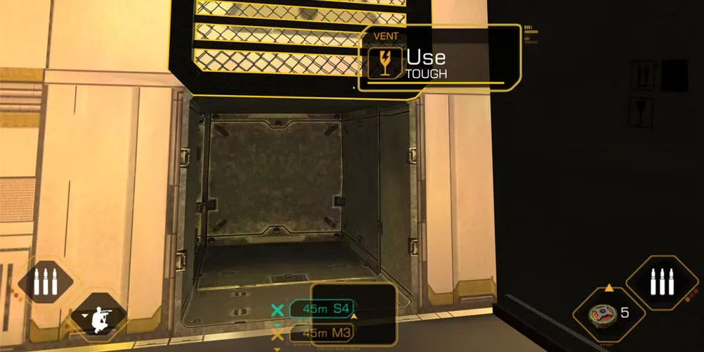 Adam Jensen nhìn vào một ống thông gió trong Deus Ex Human Revolution