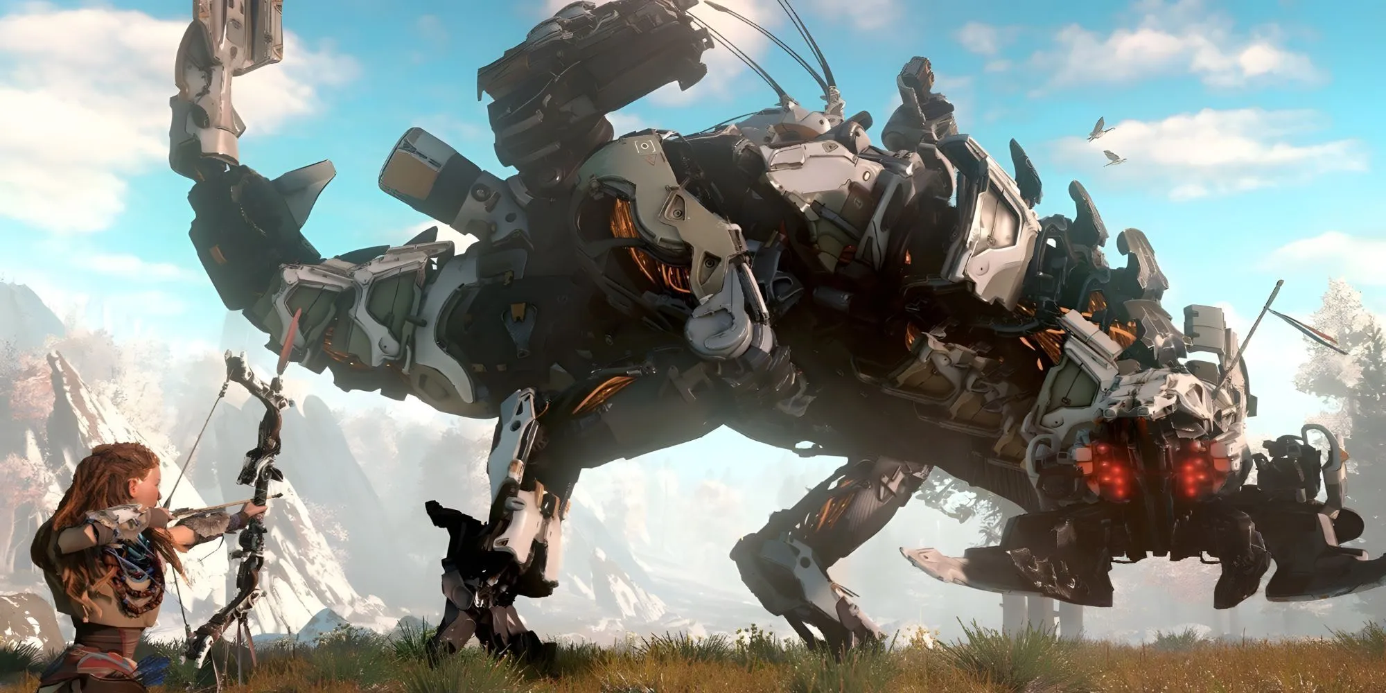 Aloy chiến đấu với một Thunderjaw trong Horizon Zero Dawn, một thế giới hậu tận thế với những cỗ máy khổng lồ.