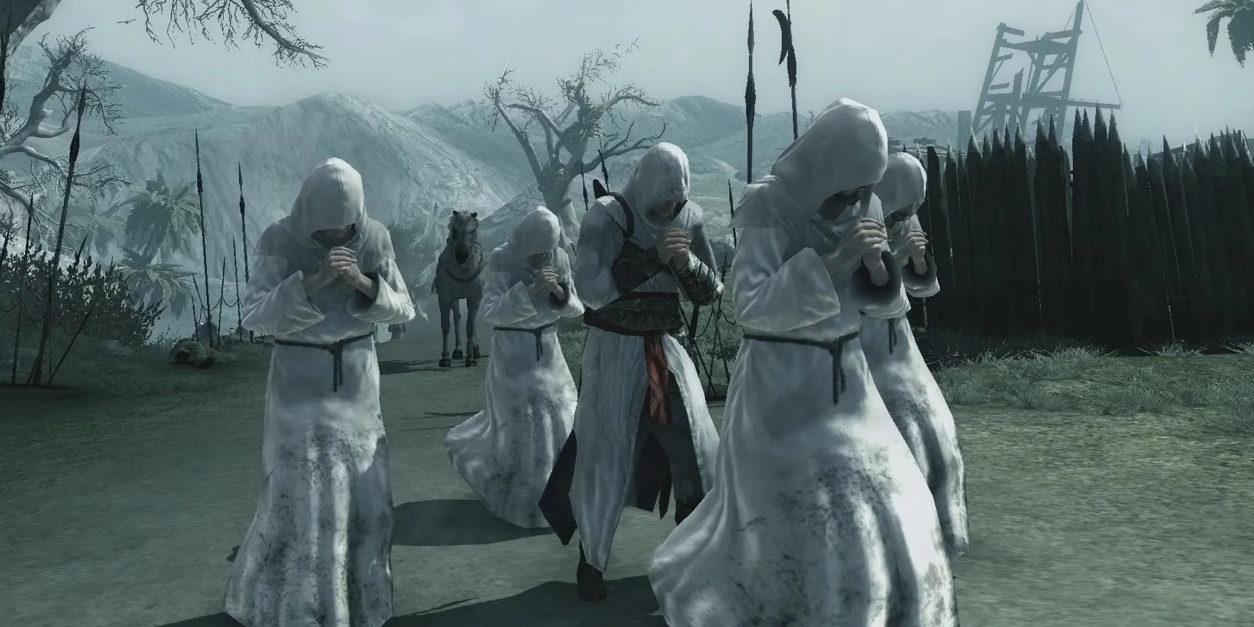 Altair hòa mình vào đám đông học giả trong Assassin's Creed