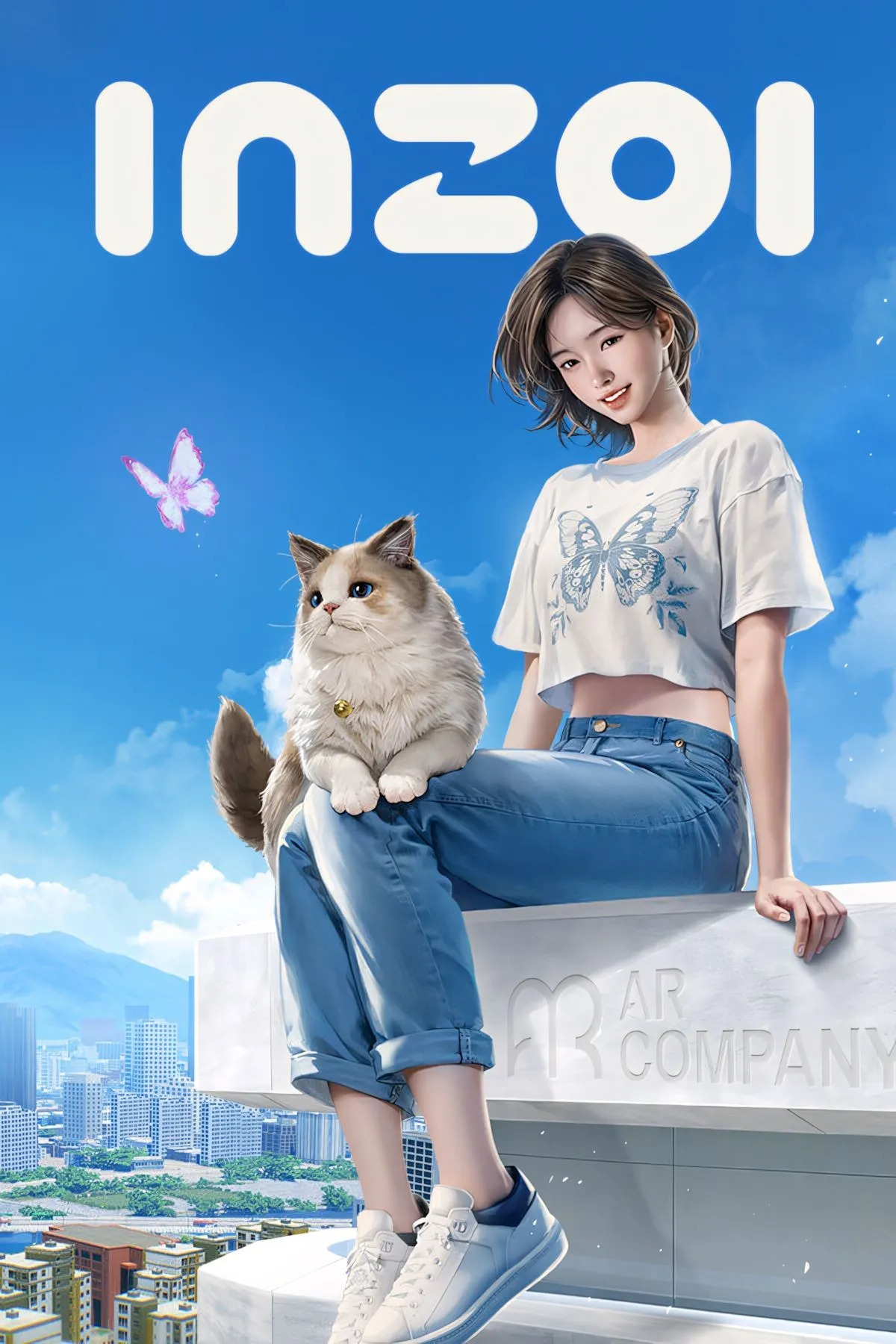 Ảnh bìa nghệ thuật của game inZOI với hình ảnh nhân vật và thành phố cách điệu, tạo cảm giác hiện đại và hấp dẫn.