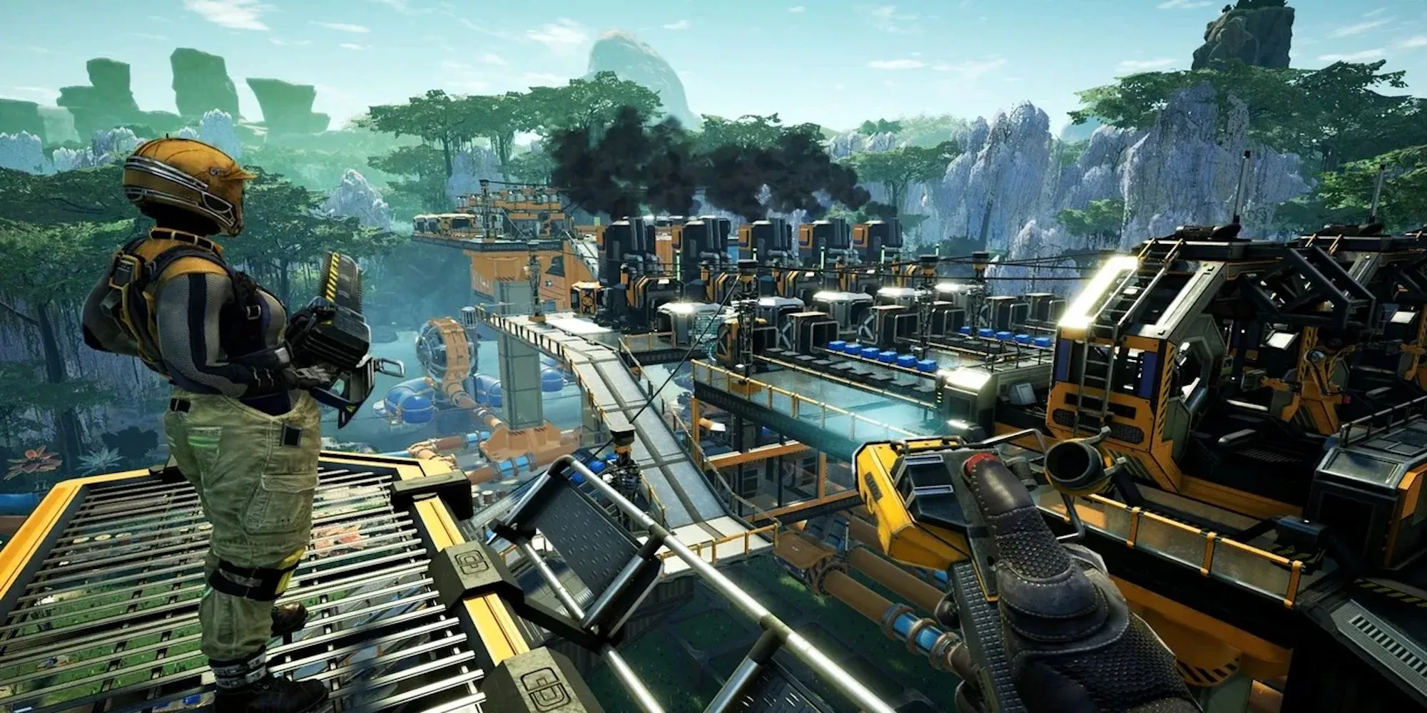 Ảnh chụp màn hình game Satisfactory, cho thấy môi trường ngoài hành tinh hoang dã nơi người chơi xây dựng nhà máy sinh tồn