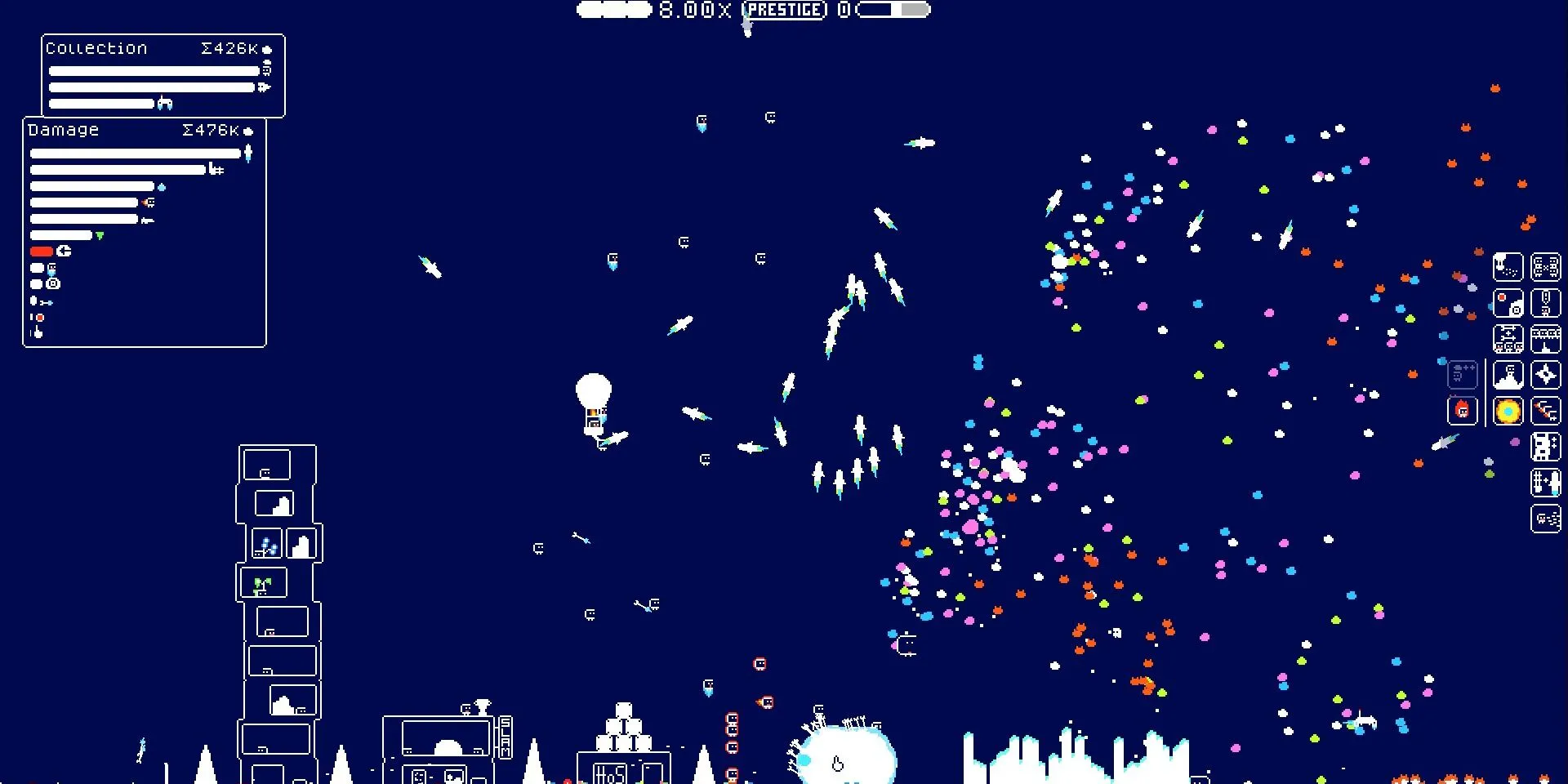 Ảnh chụp màn hình game (the) Gnorp Apologue với tên lửa, mảnh đá và các gnorp bay khắp nơi.