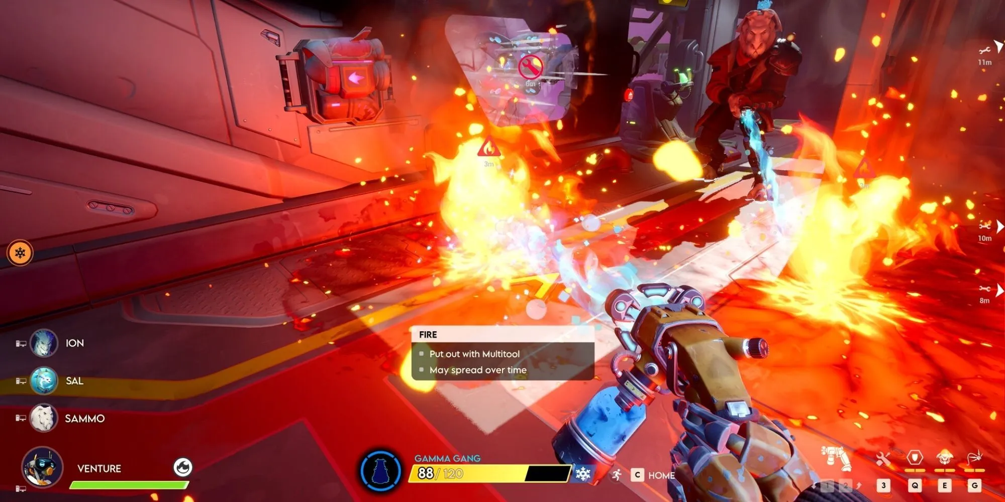 Ảnh chụp màn hình gameplay của Wildgate, thể hiện cảnh chiến đấu không gian giữa các phi thuyền và nhân vật.
