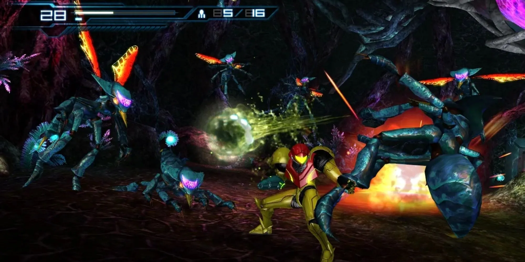 Ảnh chụp màn hình gameplay Metroid Other M, Samus Aran chiến đấu trong môi trường 3D với góc nhìn thứ ba