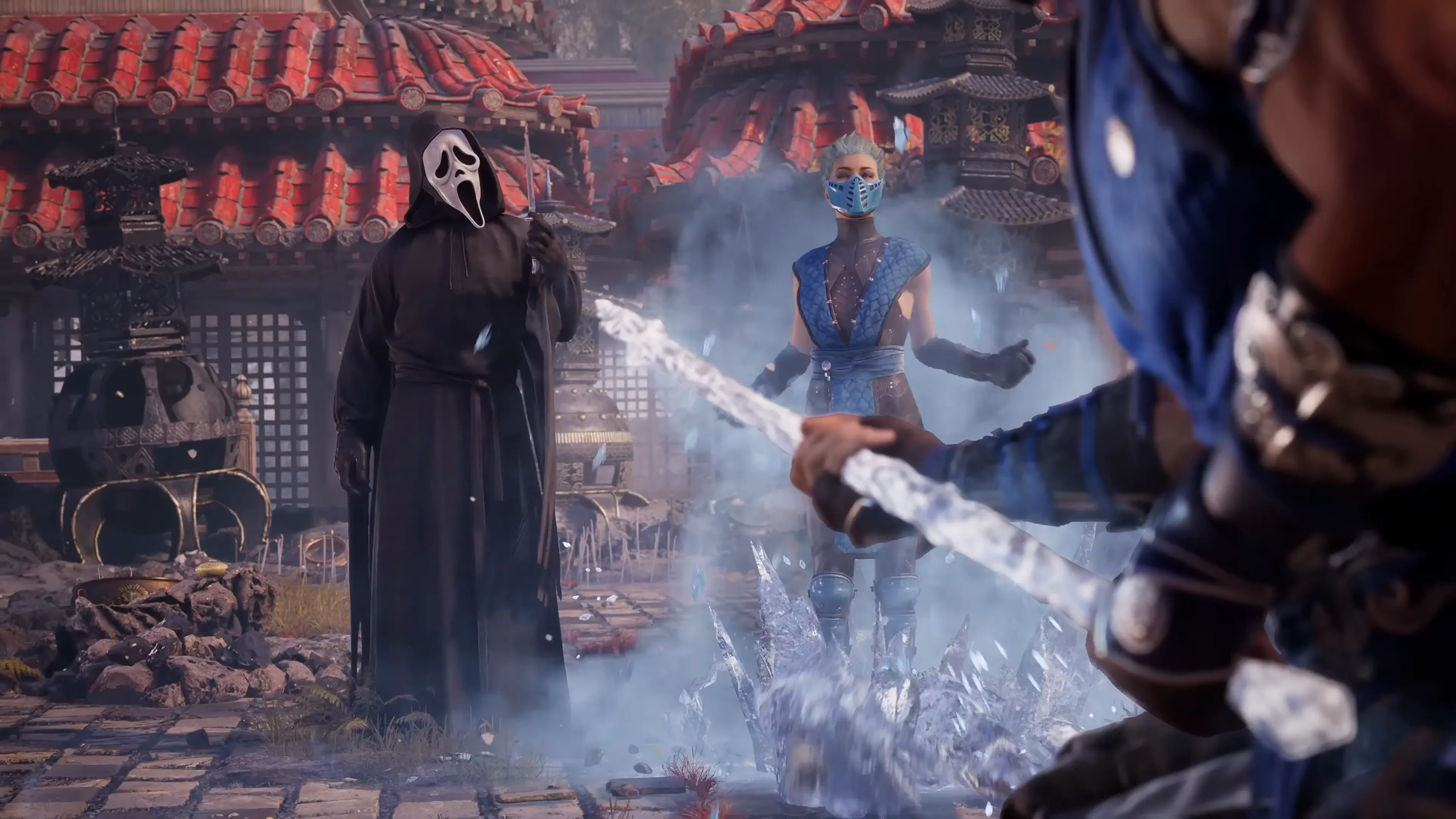 Ảnh chụp màn hình gameplay Mortal Kombat 1: Ghostface ra đòn trong bản mở rộng Khaos Reigns