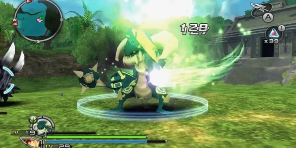 Ảnh chụp màn hình gameplay Spectrobes Origins trên Nintendo Wii, thể hiện nhân vật chính chiến đấu với quái vật Spectrobe