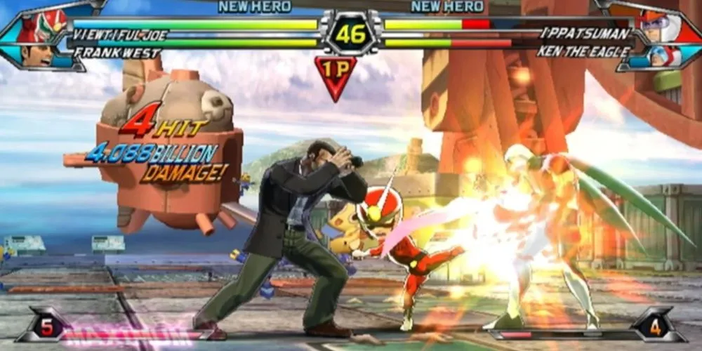 Ảnh chụp màn hình gameplay Tatsunoko vs. Capcom: Ultimate All-Stars, cảnh các nhân vật chiến đấu với nhau trên nền đồ họa 3D phong cách anime