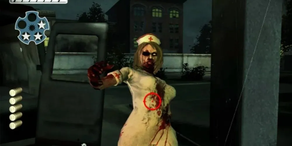 Ảnh chụp màn hình gameplay The House of the Dead Overkill, cảnh bắn zombie với đồ họa grindhouse đen trắng và đỏ máu