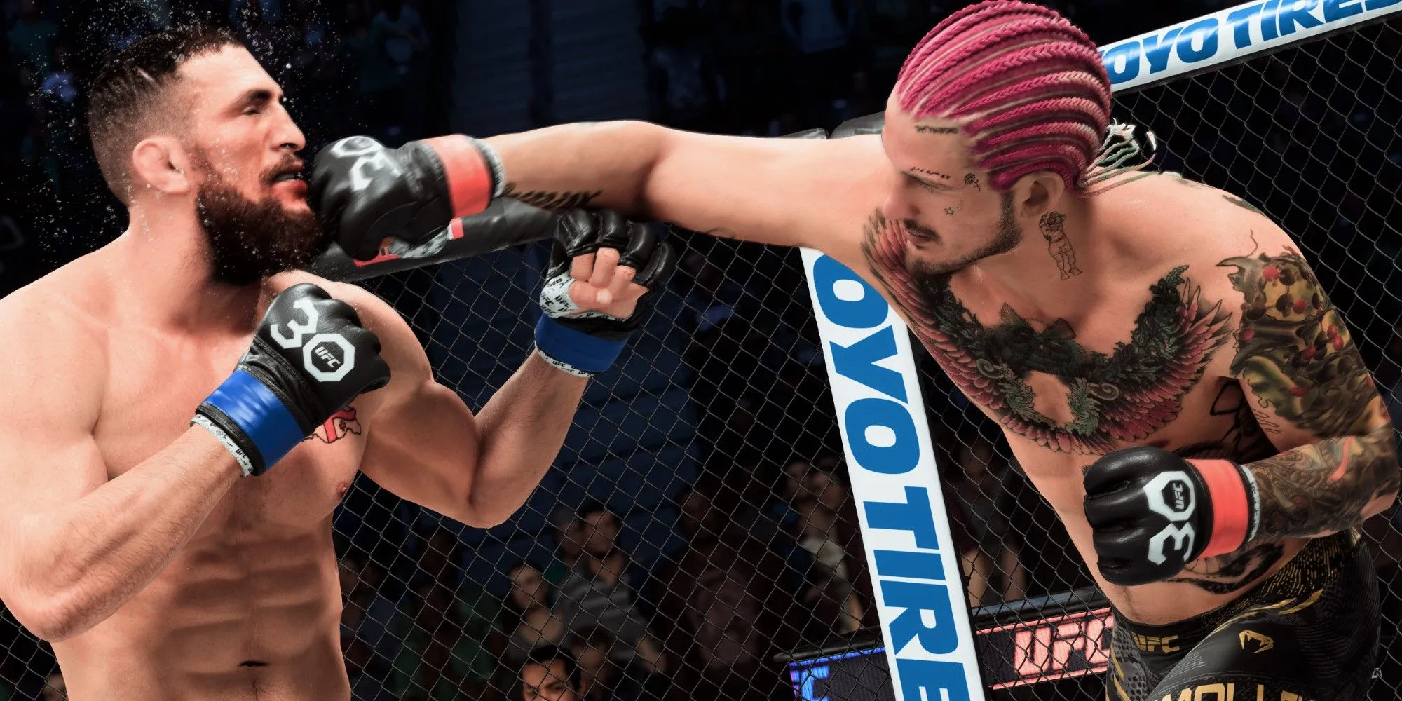 Ảnh chụp màn hình gameplay UFC 5 thể hiện một trận đấu võ thuật tổng hợp MMA kịch tính trên PS5