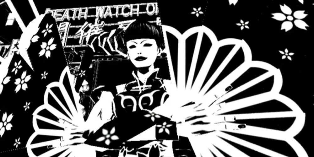 Ảnh chụp màn hình MadWorld trên Wii, thể hiện nhân vật Jack chiến đấu trong thế giới đen trắng đầy máu đỏ