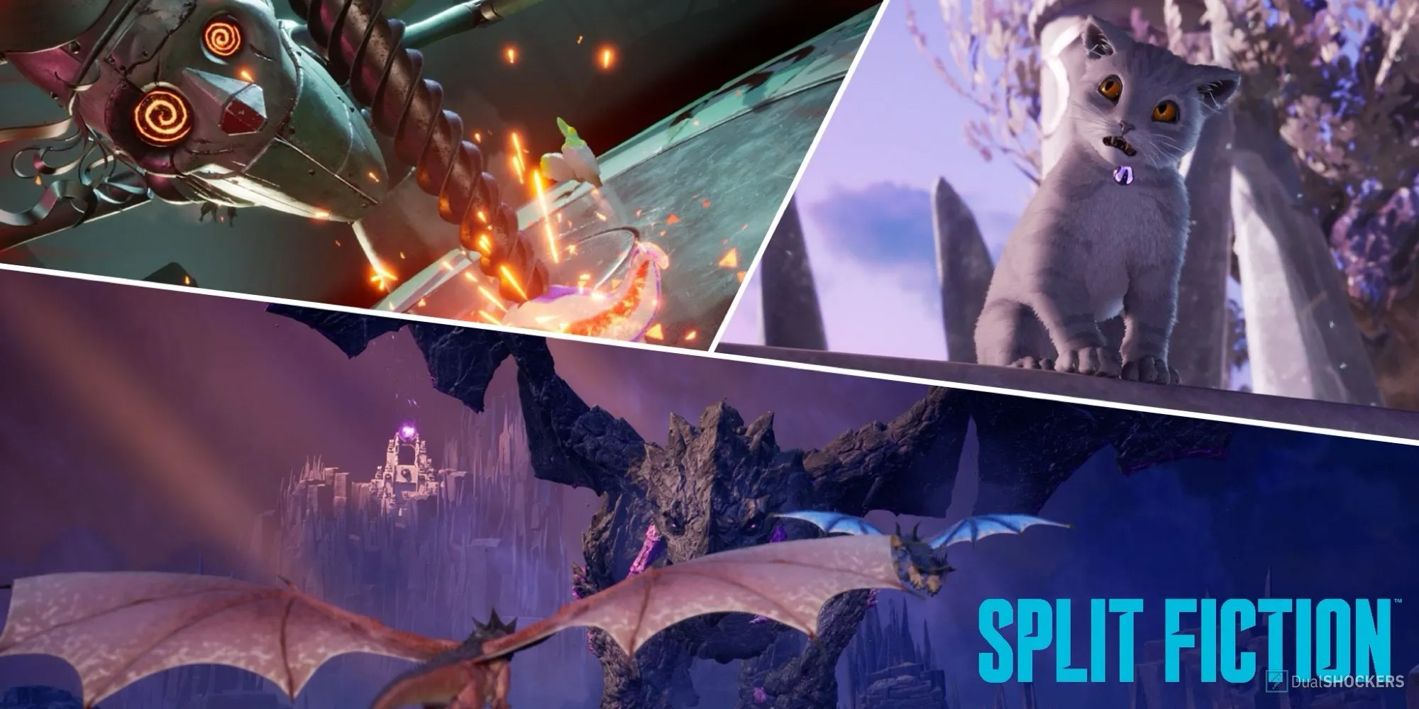 Ảnh chụp màn hình một trận đấu trùm trong game Split Fiction với đồ họa ấn tượng