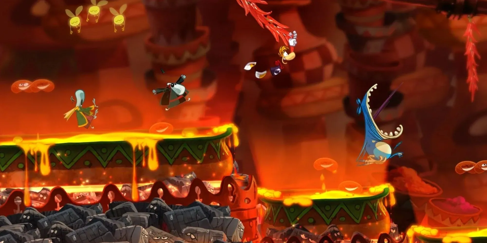 Ảnh chụp màn hình Rayman Origins, thể hiện phong cách đồ họa 2D vẽ tay rực rỡ và gameplay platforming