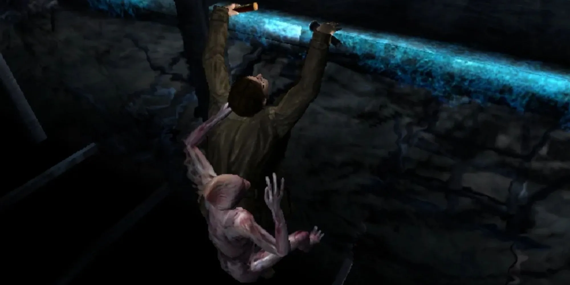 Ảnh chụp màn hình Silent Hill: Shattered Memories trên Wii, thể hiện nhân vật Harry Mason chạy trốn trong bối cảnh thành phố Silent Hill bị bao phủ bởi băng giá