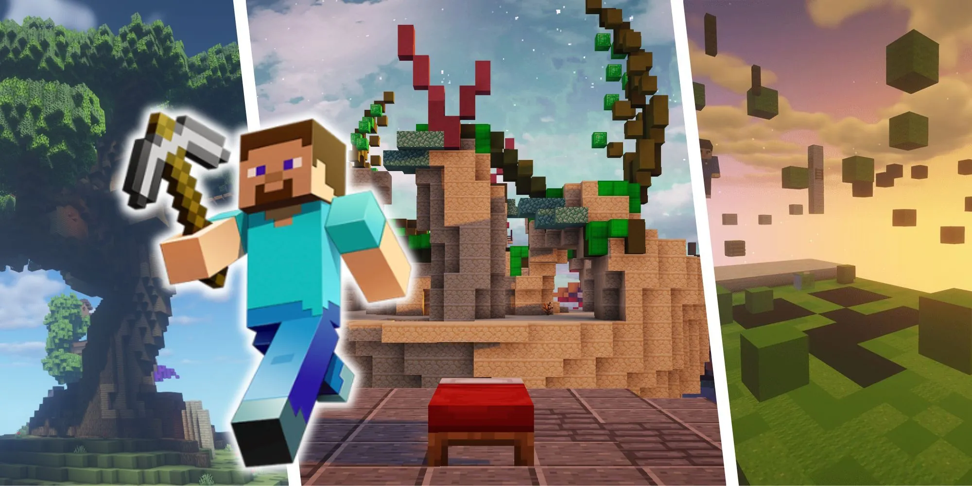 Ảnh ghép các bản đồ Minecraft và nhân vật Steve
