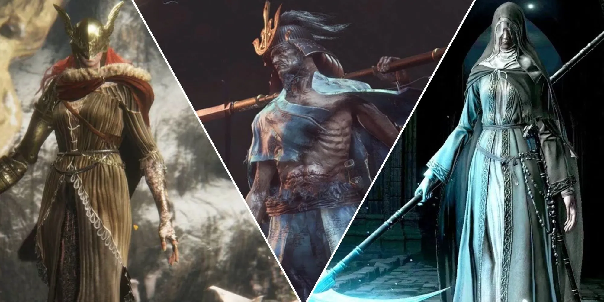 Ảnh ghép một số Trùm Souls đa giai đoạn hay nhất: Malenia từ Elden Ring, Isshin Kiếm Thánh từ Sekiro: Shadows Die Twice và Sister Friede từ Dark Souls 3: Ashes of Ariandel